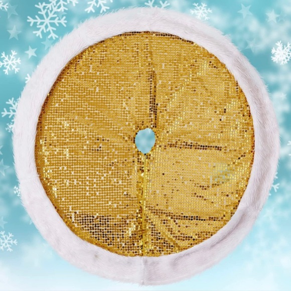 Gold Sequin Christmas Tree Skirt with Faux Fur Edge Gold Classic Decor 48” NEW - Picture 11 of 11